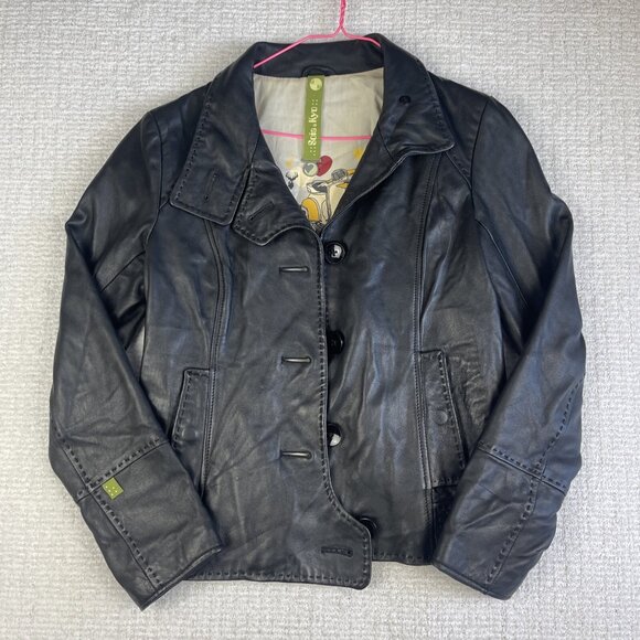Soia & Kyo Genuine Leather Jacket Womens M Moto Biker Black Graphic inside - Picture 1 of 16